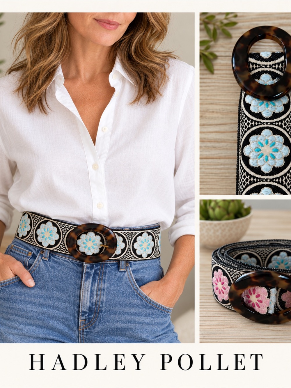 Hadley Pollet Reversible Floral Jacquard Belt Tortoise Buckle 38”